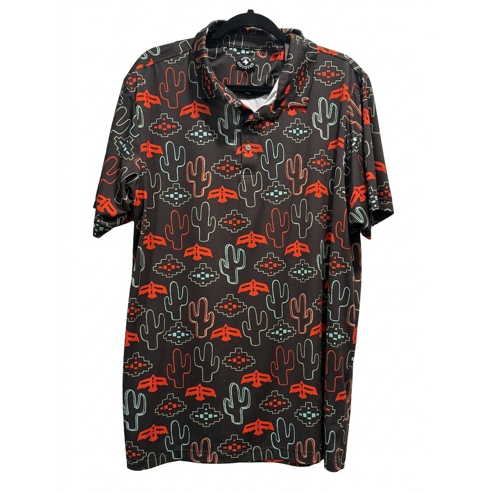 Raised By Coyotes Mens XL Performance Golf Polo Shirt Cactus Thunderbird Print